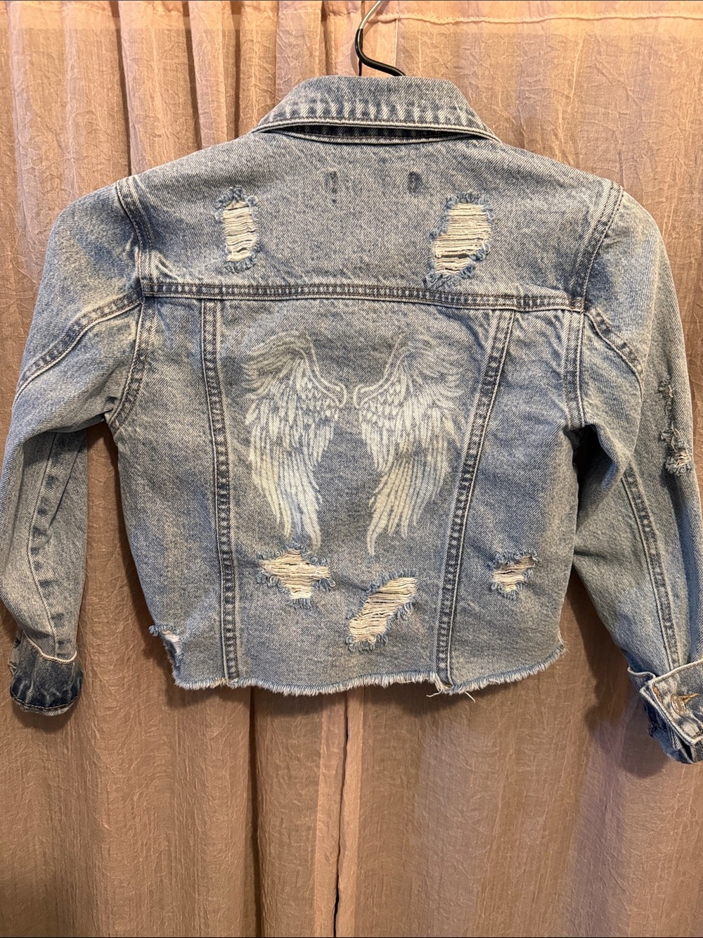 Light Blue Distressed Kids' Denim Jacket with Wing Graphic